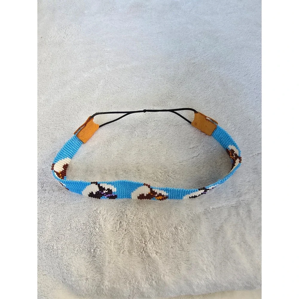 Handmade Seed Bead Loom Woven Headband Blue Landscape Boho Southwestern Style